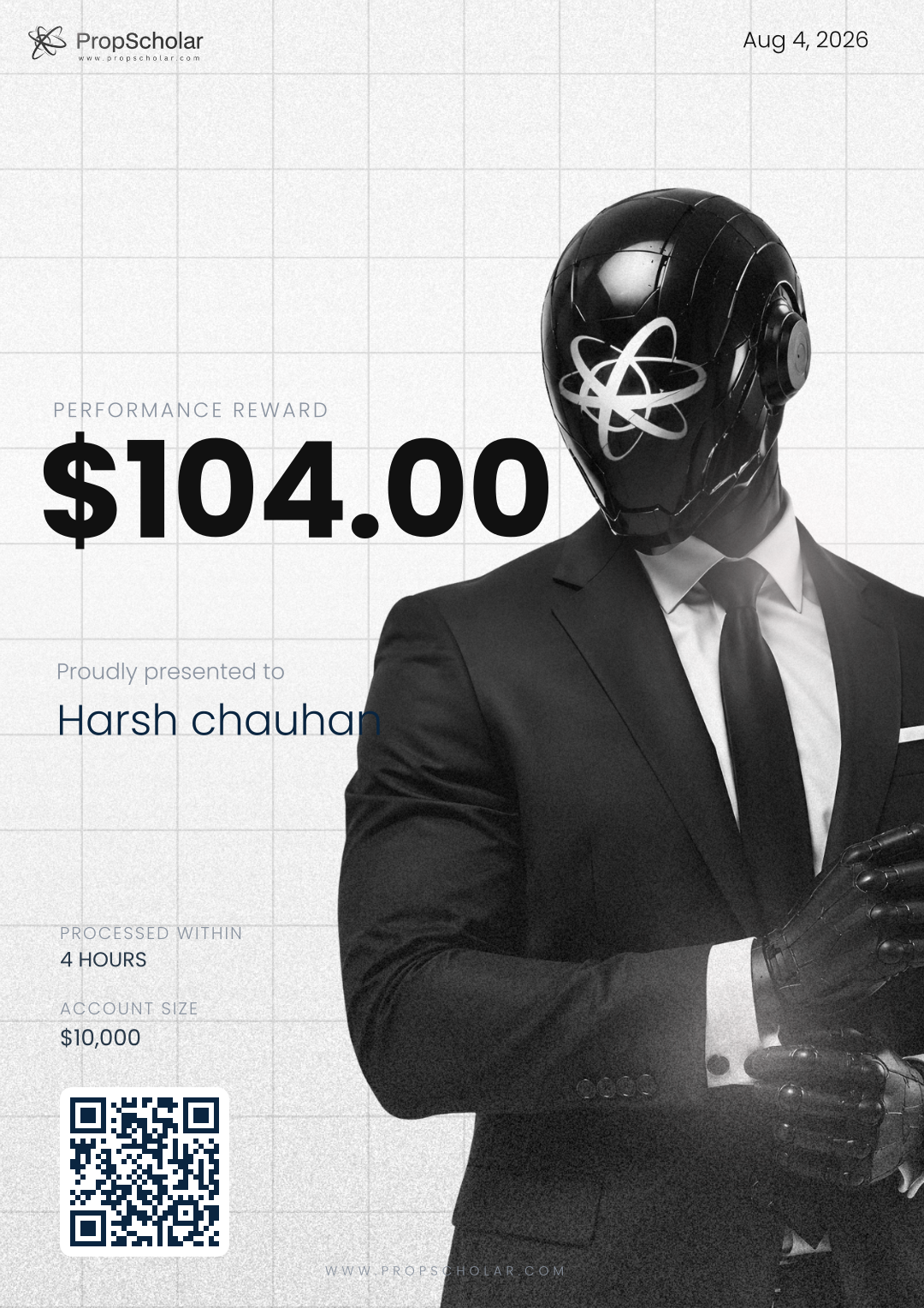 PropScholar payout certificate — Harsh chauhan, $104, June 29, 2026