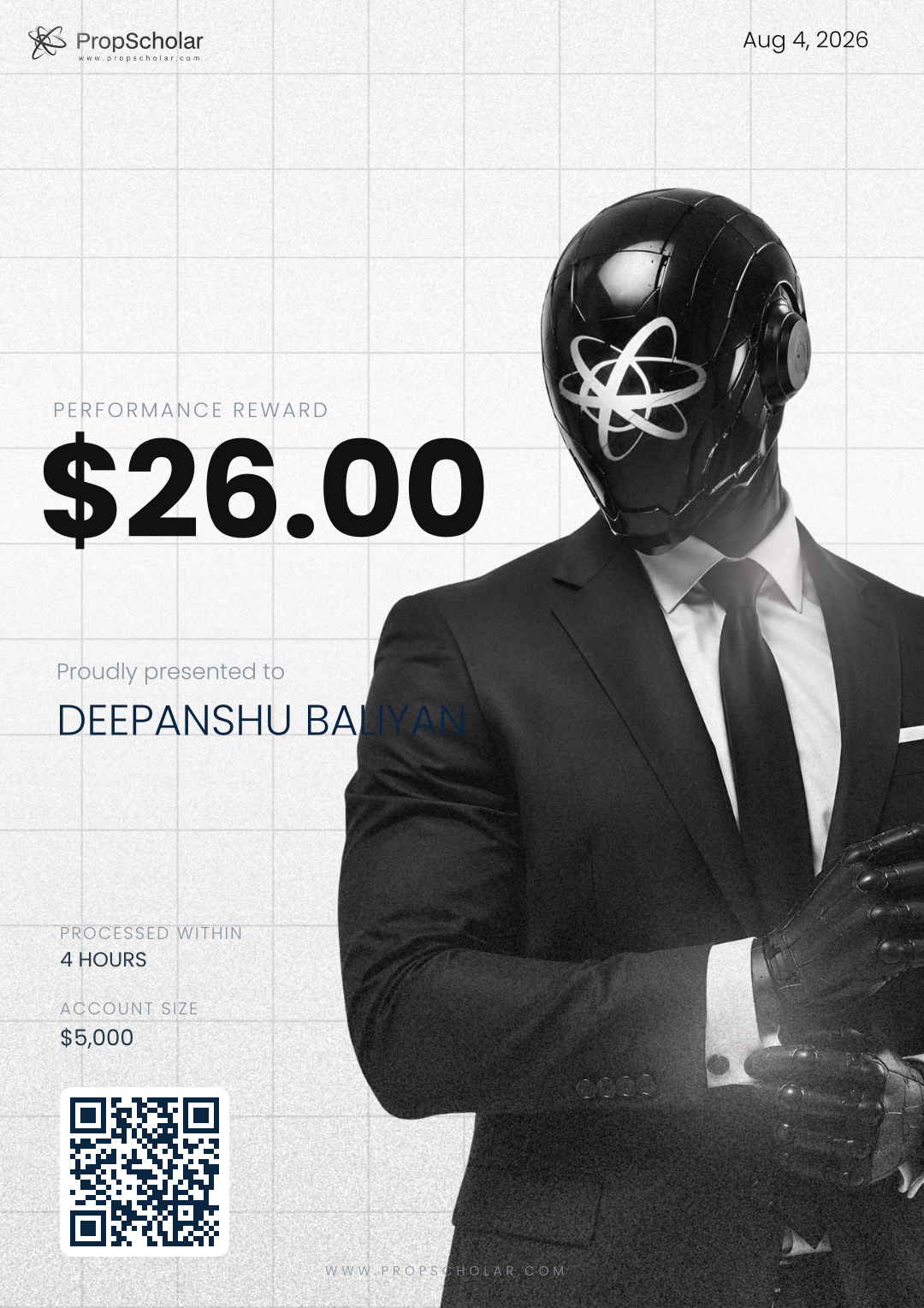 PropScholar payout certificate — DEEPANSHU BALIYAN, $26, July 17, 2026