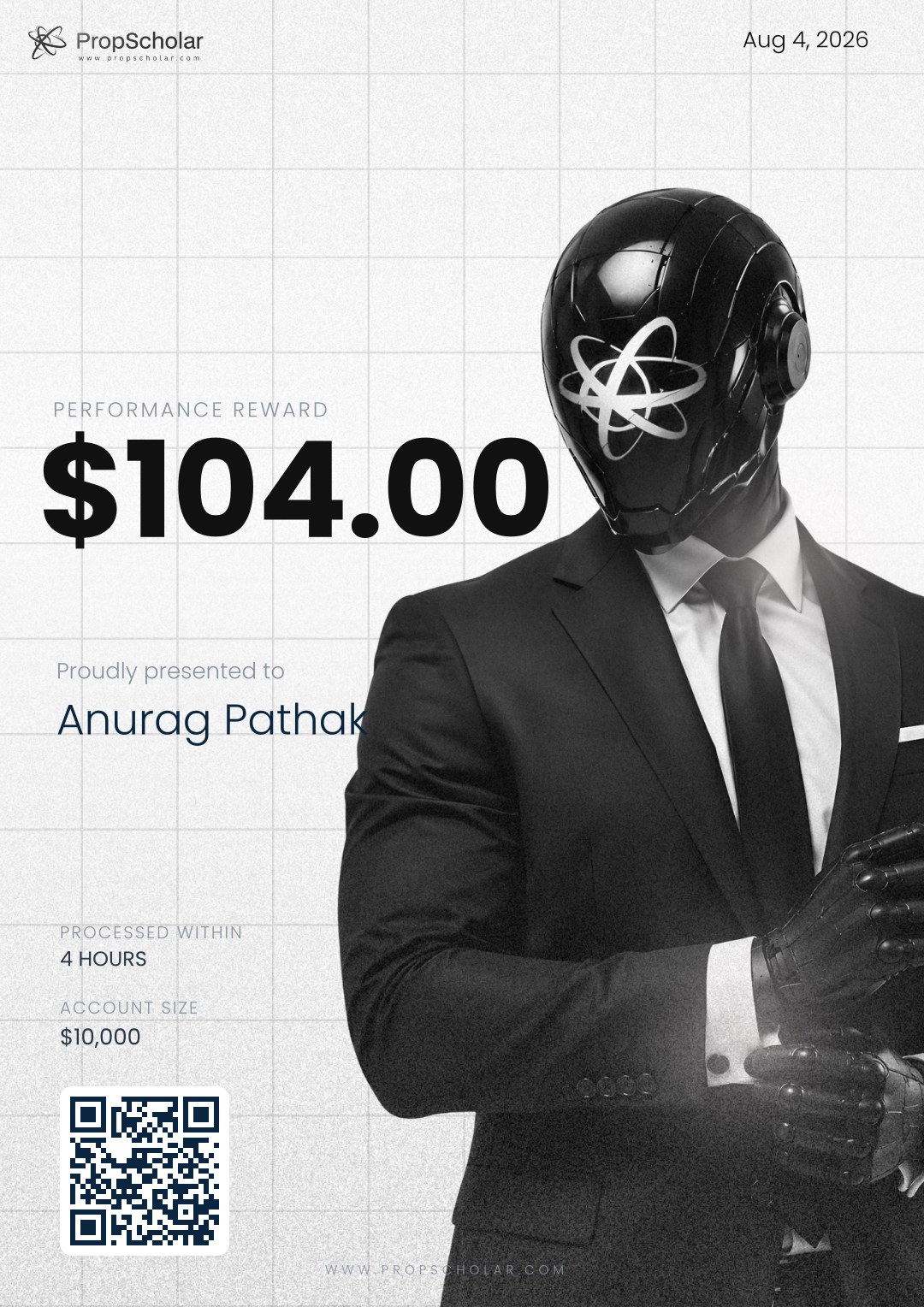 PropScholar payout certificate — Anurag Pathak, $104, May 6, 2026
