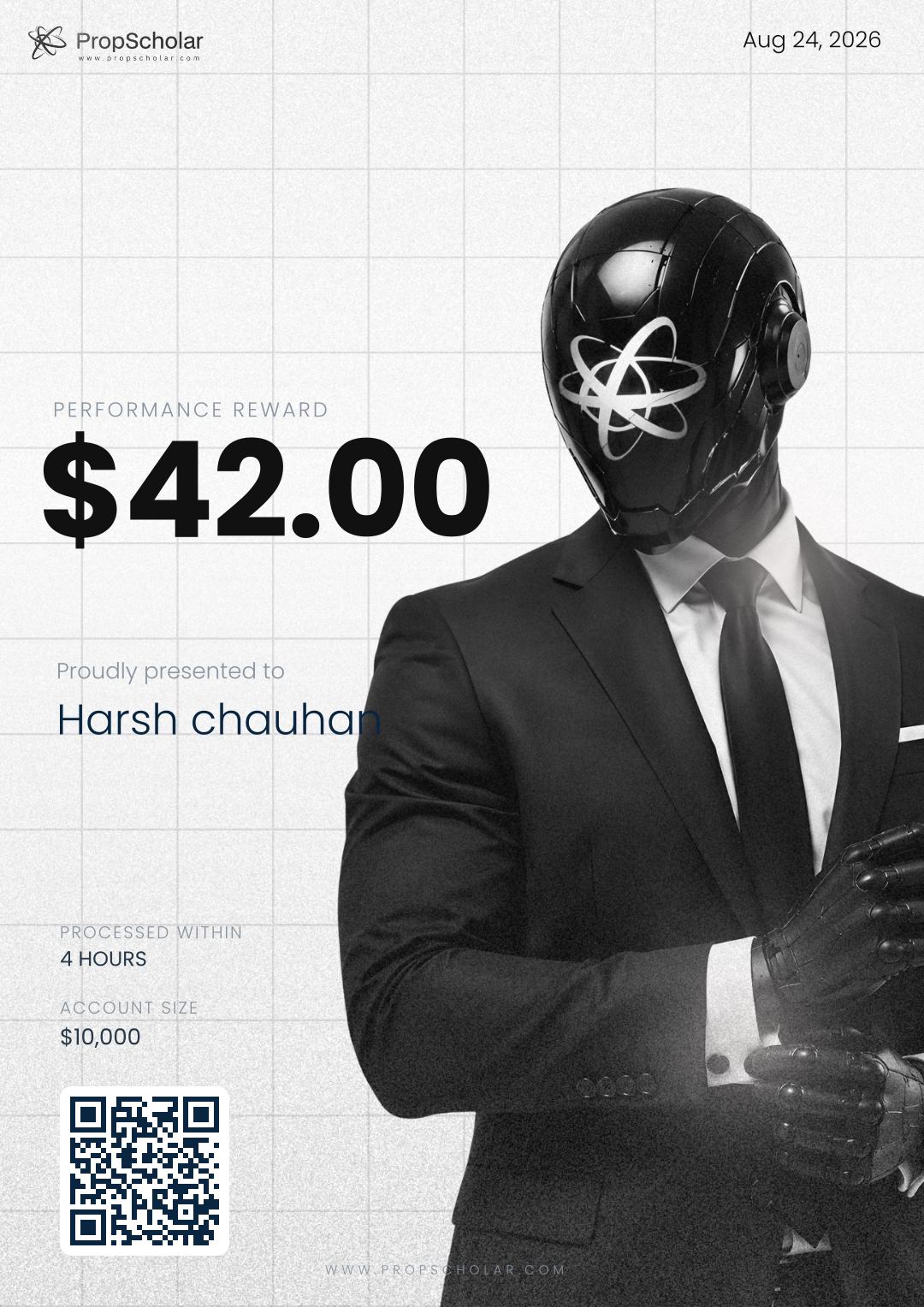 PropScholar payout certificate — Harsh chauhan, $42, August 24, 2026