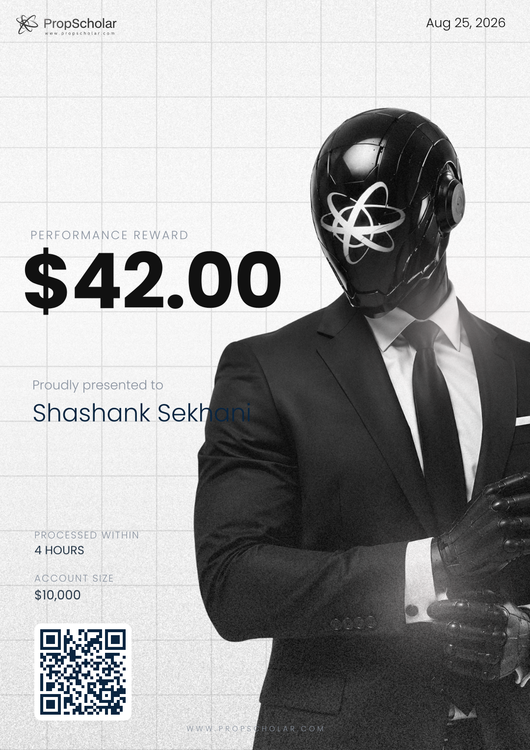 PropScholar payout certificate — Shashank Sekhani, $42, August 25, 2026