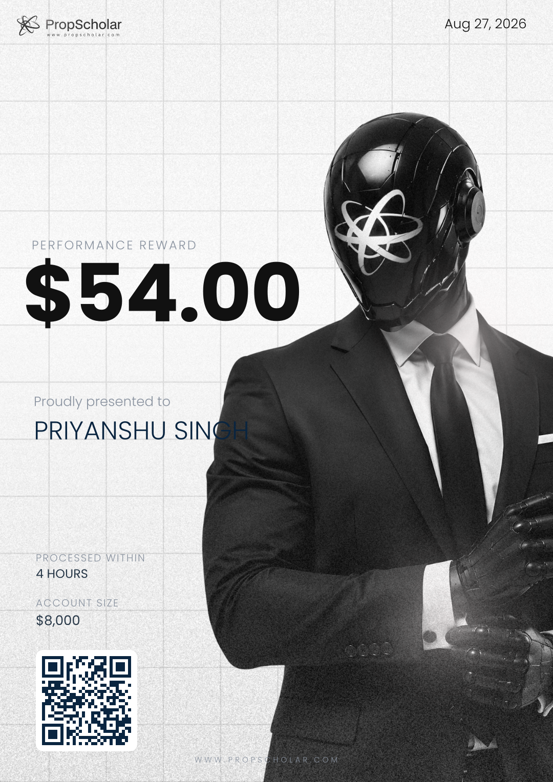 PropScholar payout certificate — PRIYANSHU SINGH, $54, August 27, 2026