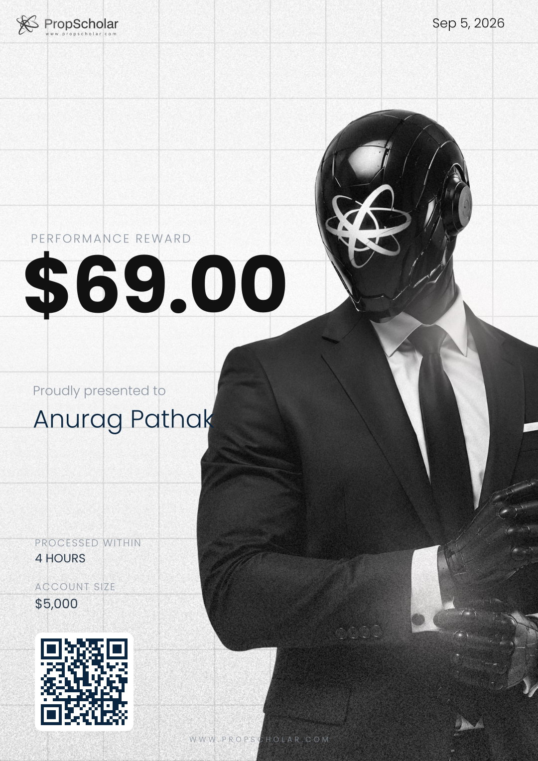 PropScholar payout certificate — Anurag Pathak, $69, September 5, 2026
