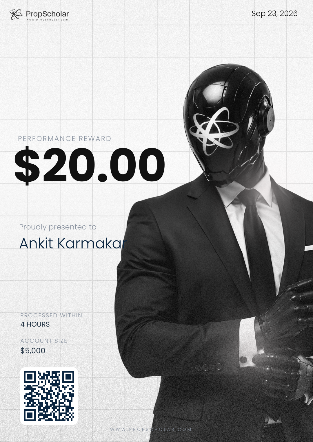 PropScholar payout certificate — Ankit Karmakar, $20, September 23, 2026