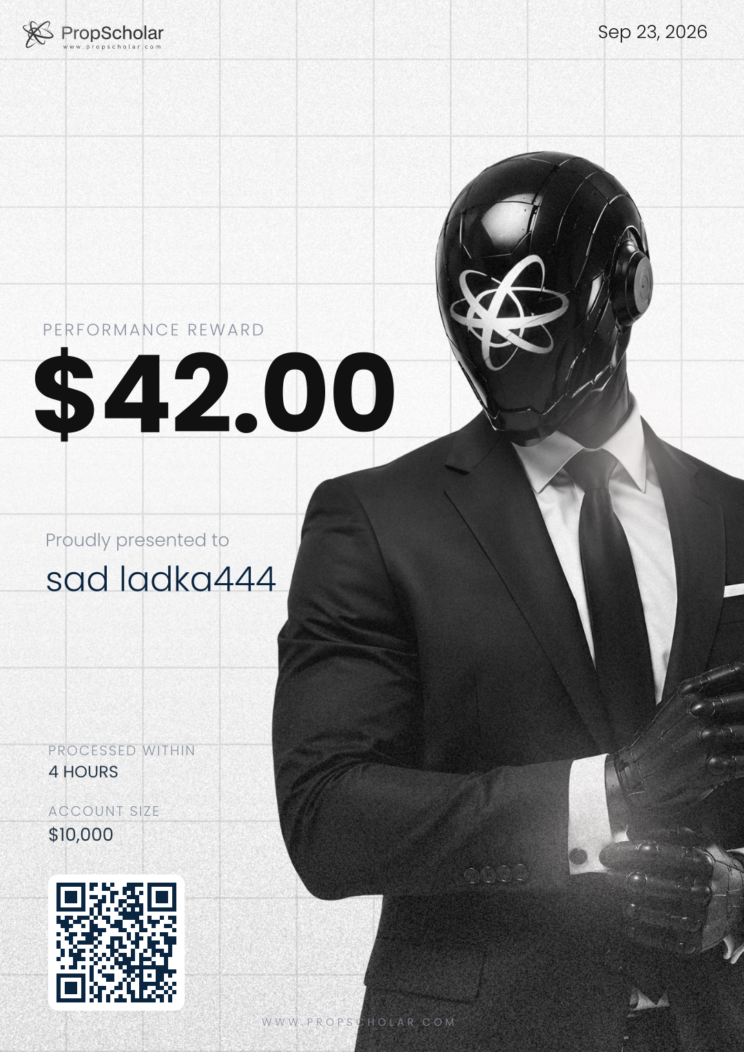PropScholar payout certificate — sad ladka444, $42, September 23, 2026