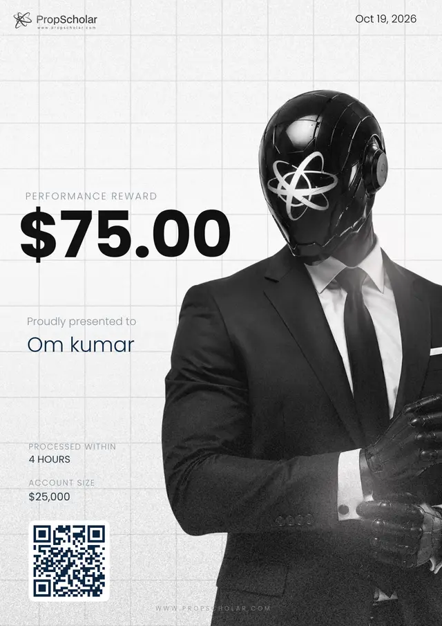 PropScholar verified payout certificate — Om kumar, $75