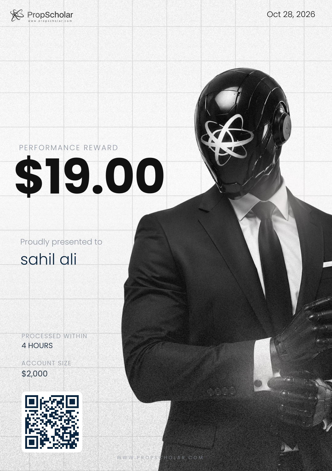 PropScholar payout certificate — sahil ali, $19, October 28, 2026